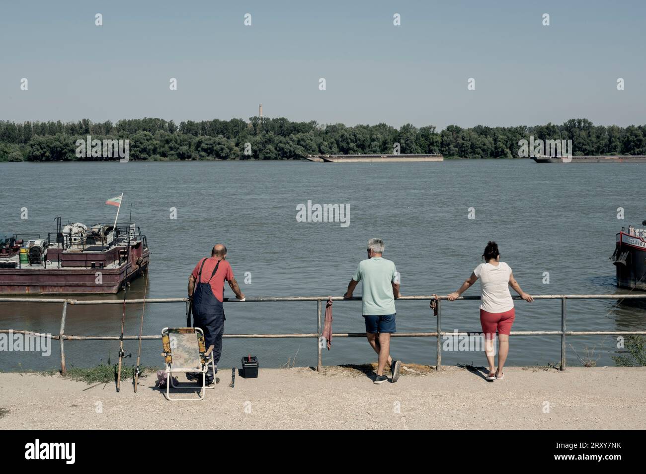 Ruse, Bulgaria. August 2023. Panorama of the Danube river at the connection point, through a bridge, with the Romanian city of Giurgiu Stock Photo