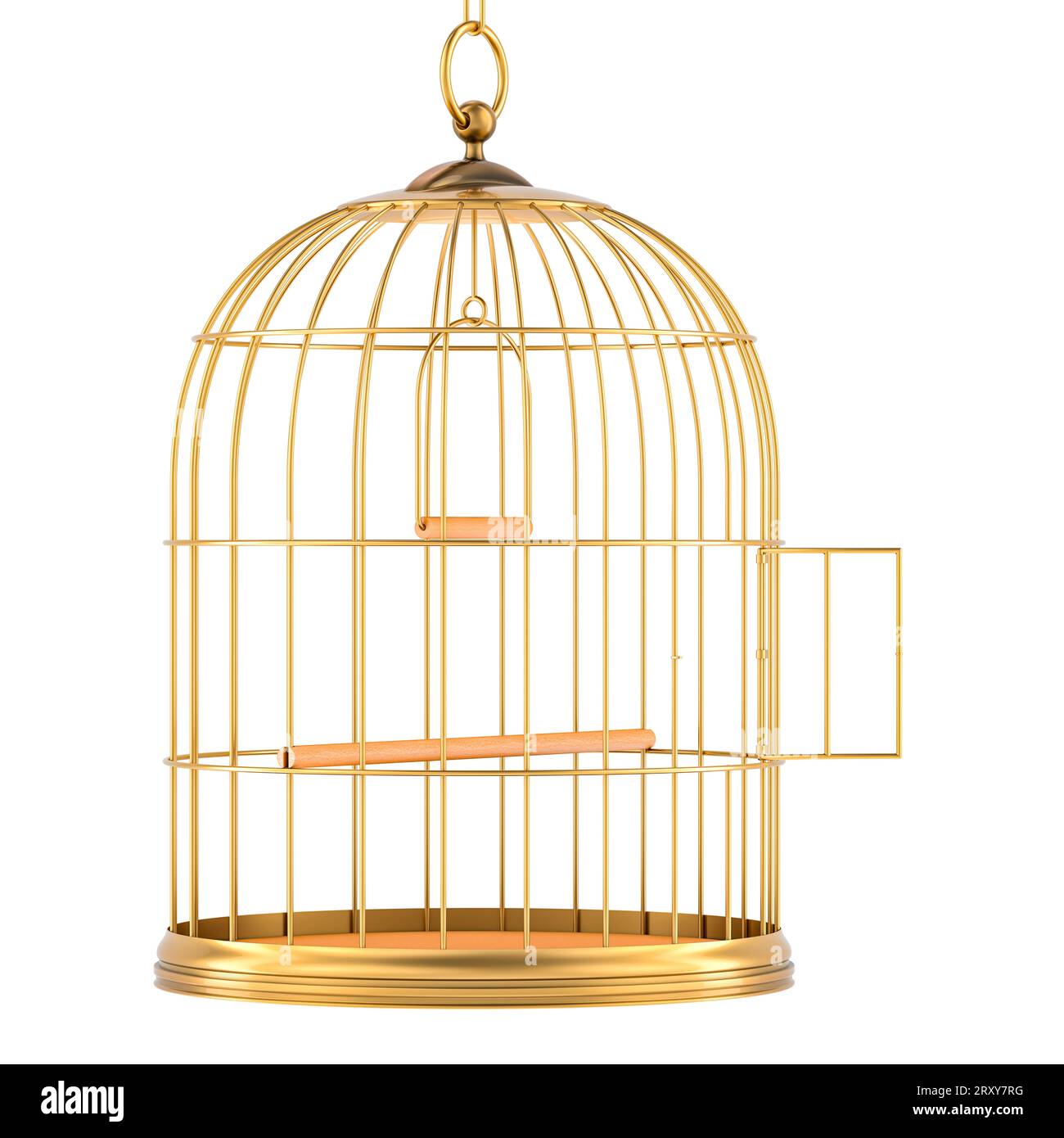 Golden bird cage with open door, 3D rendering isolated on white