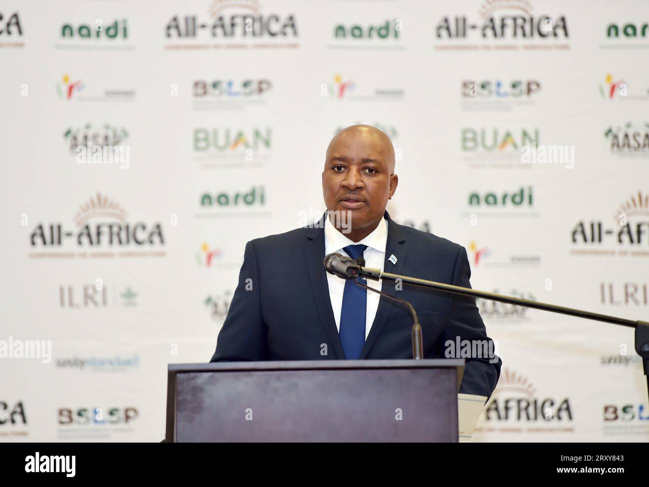 (230927) -- GABORONE, Sept. 27, 2023 (Xinhua) -- Botswana's Minister of Agriculture Fidelis Molao speaks at the 8th All Africa Conference on Animal Agriculture in Gaborone, Botswana, on Sept. 26, 2023. African countries cannot ignore the adoption of new technologies in research and development, said Molao, who stressed the importance of establishing strategic collaborations aimed at enhancing resilience and increasing agricultural productivity. (Photo by Tshekiso Tebalo/Xinhua) Stock Photo