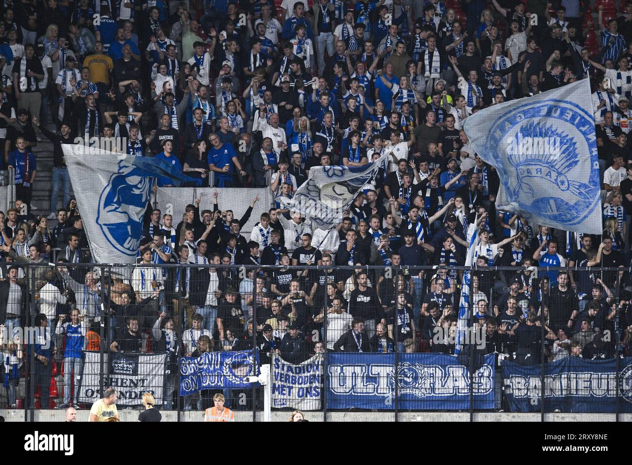 Gent's supporters pictured during a soccer match between Royal Antwerp FC and KAA Gent, a postponed match of day 05 of the 2023-2024 season of the 'Jupiler Pro League' first division of the Belgian championship, in Antwerp Wednesday 27 September 2023. BELGA PHOTO TOM GOYVAERTS Stock Photo