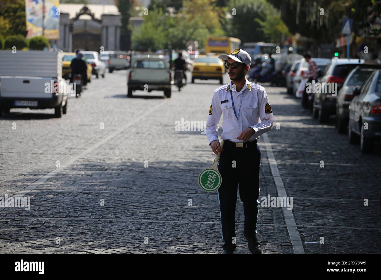 September 26, 2023, Tehran, Iran: An Iranian Traffic Police officer is seen at Baharestan Square in downtown Tehran. Traffic Police of NAJA, abbreviated as RAHVAR, is a Law enforcement agency in Iran responsible for traffic guard and highway patrol. (Credit Image: © Rouzbeh Fouladi/ZUMA Press Wire) EDITORIAL USAGE ONLY! Not for Commercial USAGE! Stock Photo