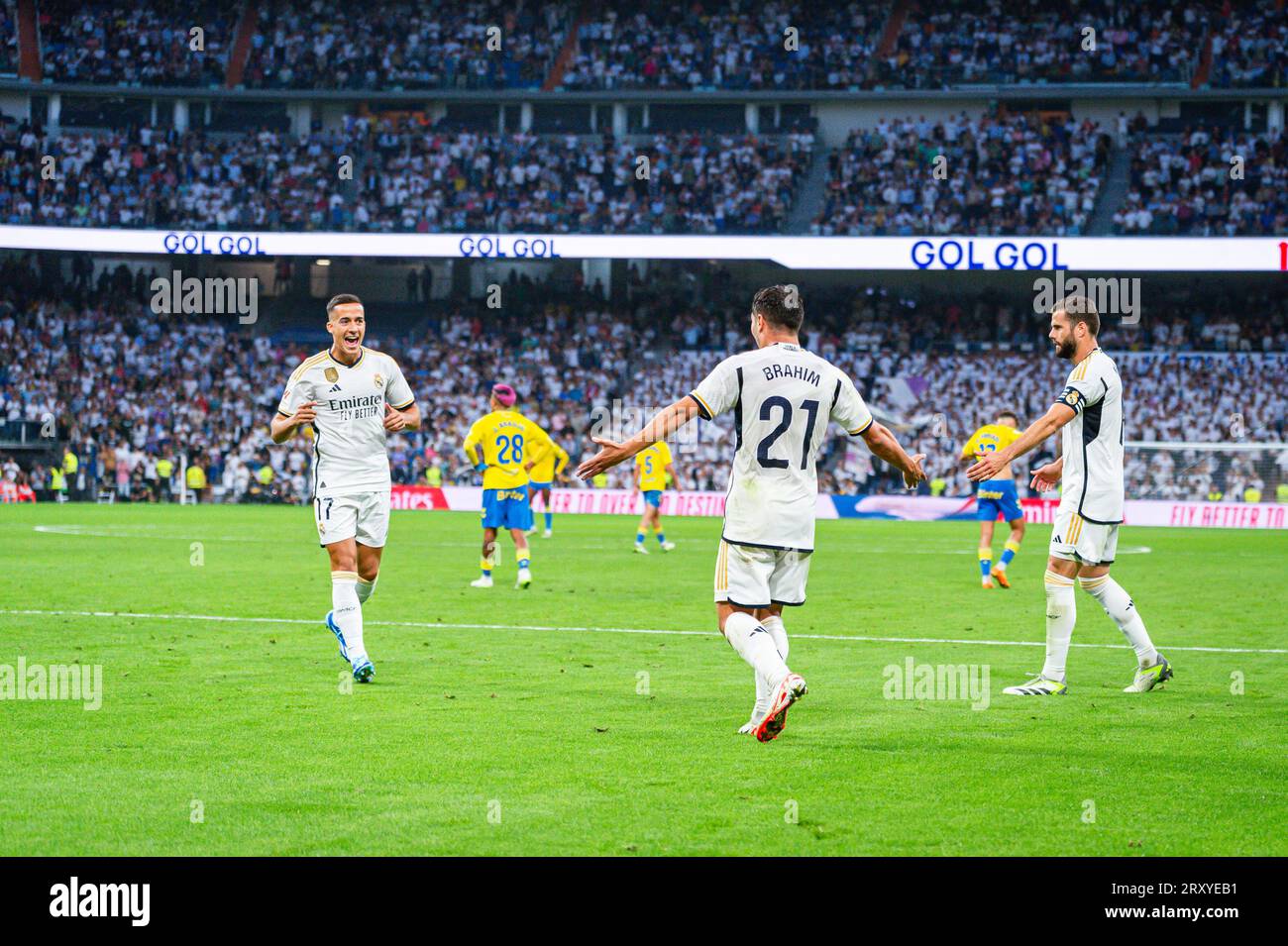 Brahim Diaz (Real Madrid) celebrate his goal with his teammate Lucas ...