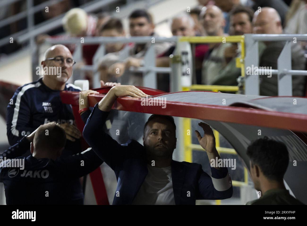 A damaged dugout pictured during a soccer match between Royal Antwerp FC and KAA Gent, a postponed match of day 05 of the 2023-2024 season of the 'Jupiler Pro League' first division of the Belgian championship, in Antwerp Wednesday 27 September 2023. BELGA PHOTO KRISTOF VAN ACCOM Stock Photo