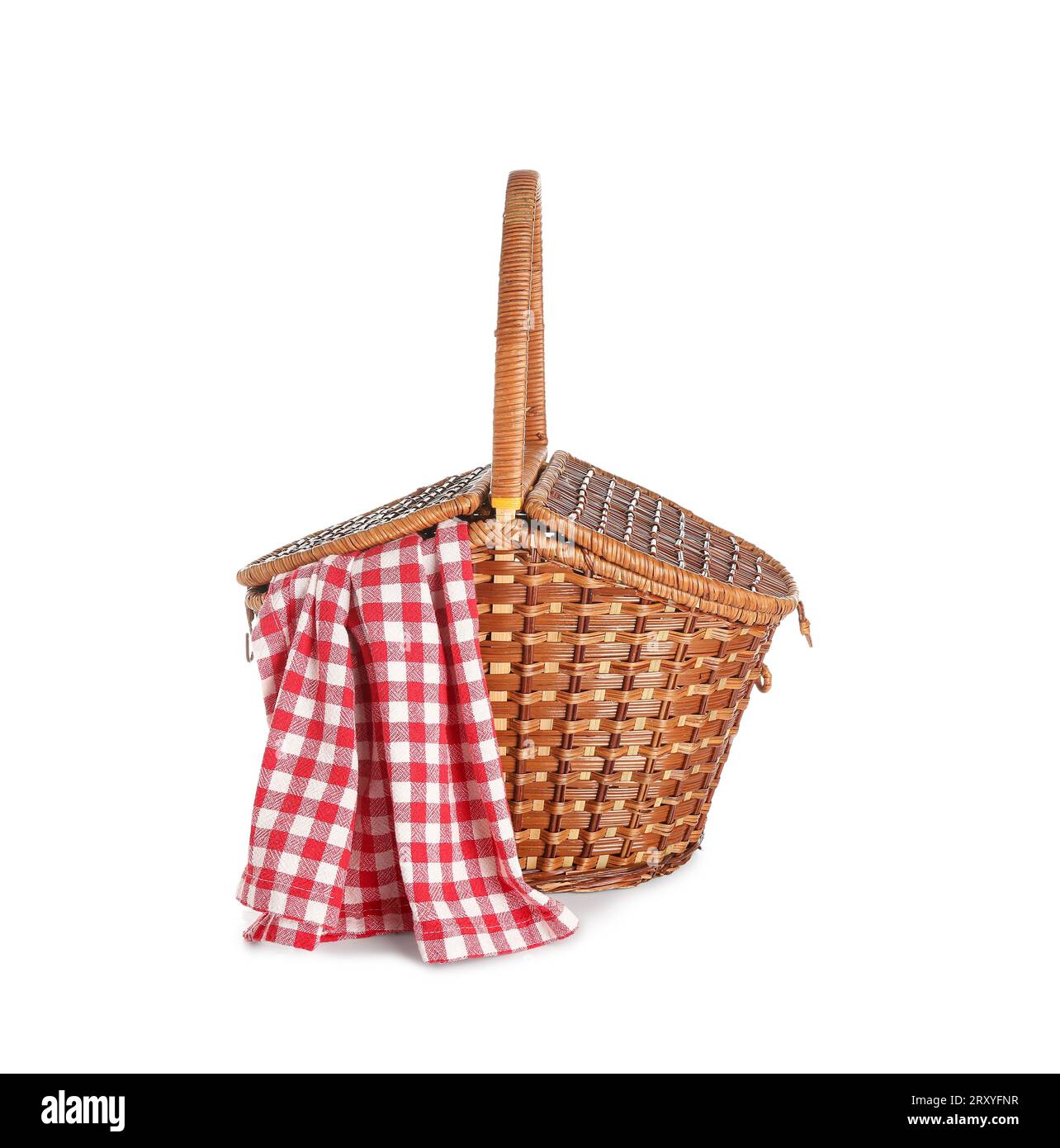 Wicker picnic basket with red checkered napkin on white background ...