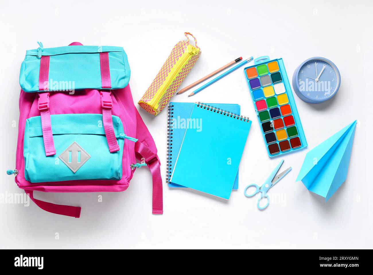 Stylish school backpack and different stationery on white background Stock Photo