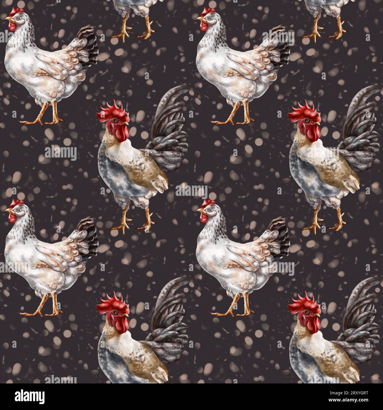 Seamless pattern of their farm chickens and roosters. Simple rural life, farm animals, nature and plants. Poultry on the ranch. Digital illustration, Stock Photo