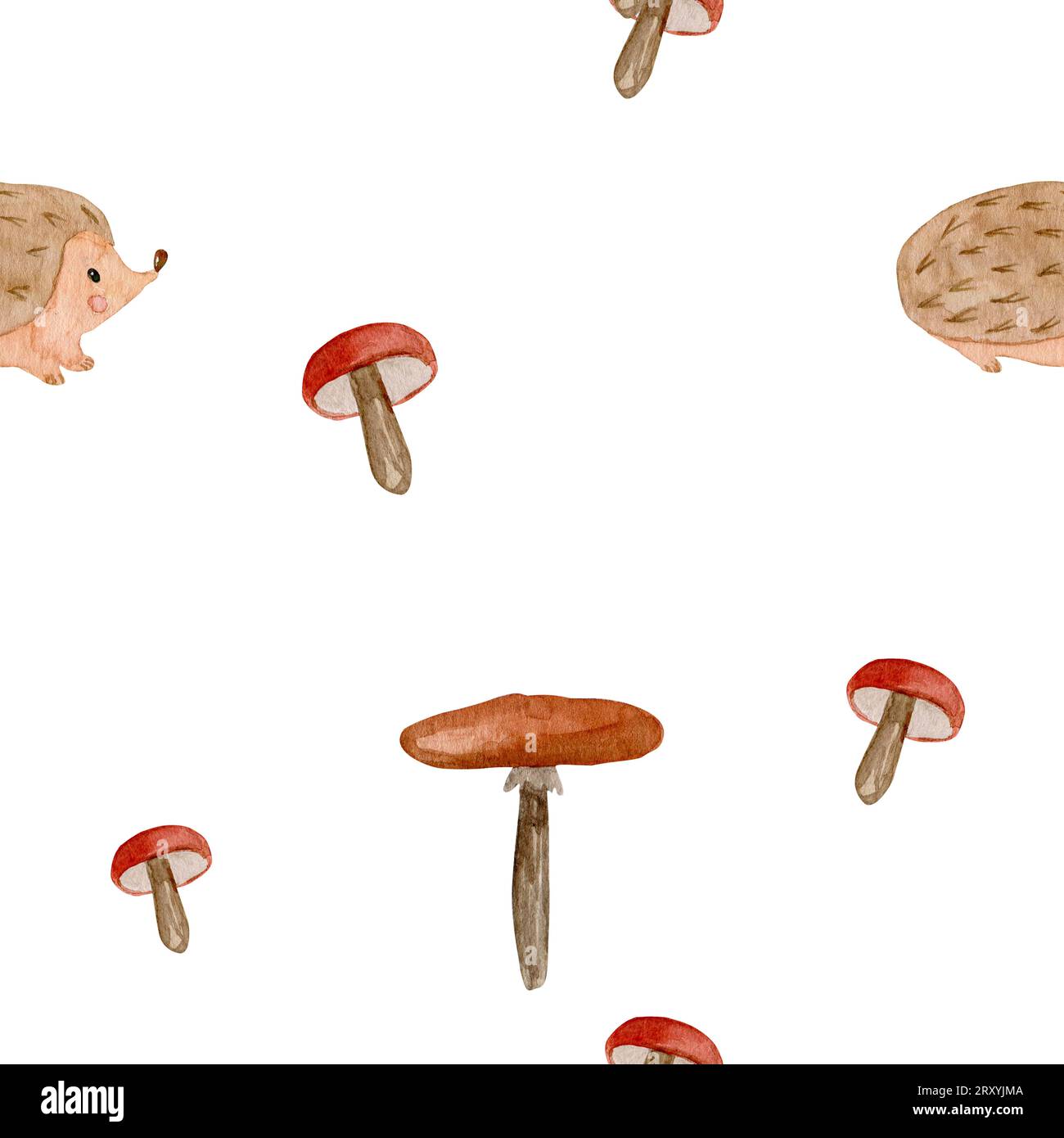 Watercolor seamless forest pattern with hedgehog and mushrooms. Hand ...