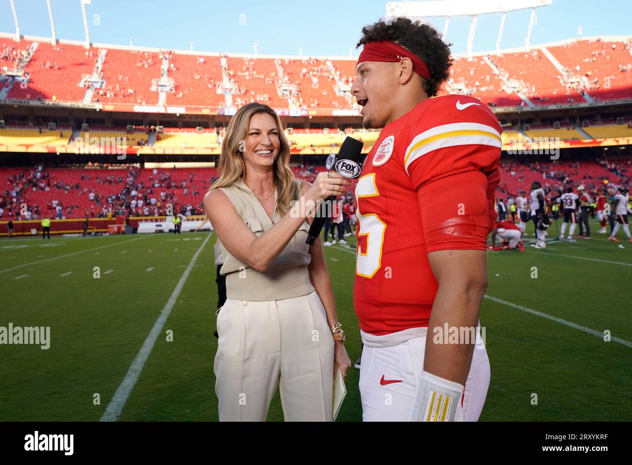 Fox personality Erin Andrews interview Kansas City Chiefs quarterback Patrick  Mahomes (15) after a game against the Chicago Bears Sunday, Sept. 24, 2023  in Kansas City, Mo. (AP Photo/Ed Zurga Stock Photo - Alamy