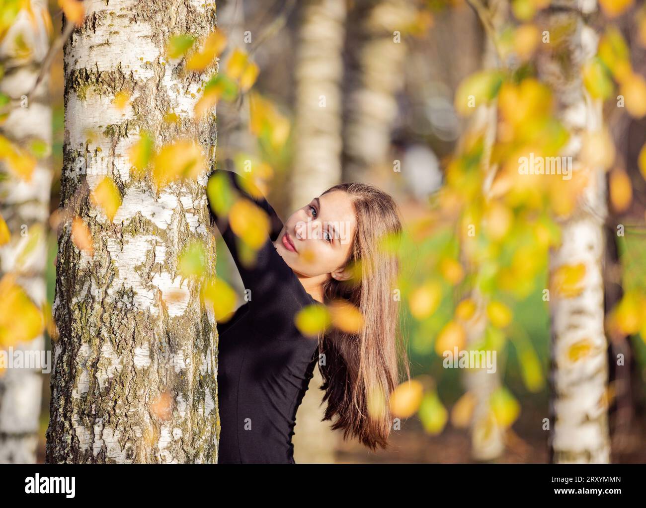 A beautiful girl posing near a birch tree in an autumn park Stock Photo ...