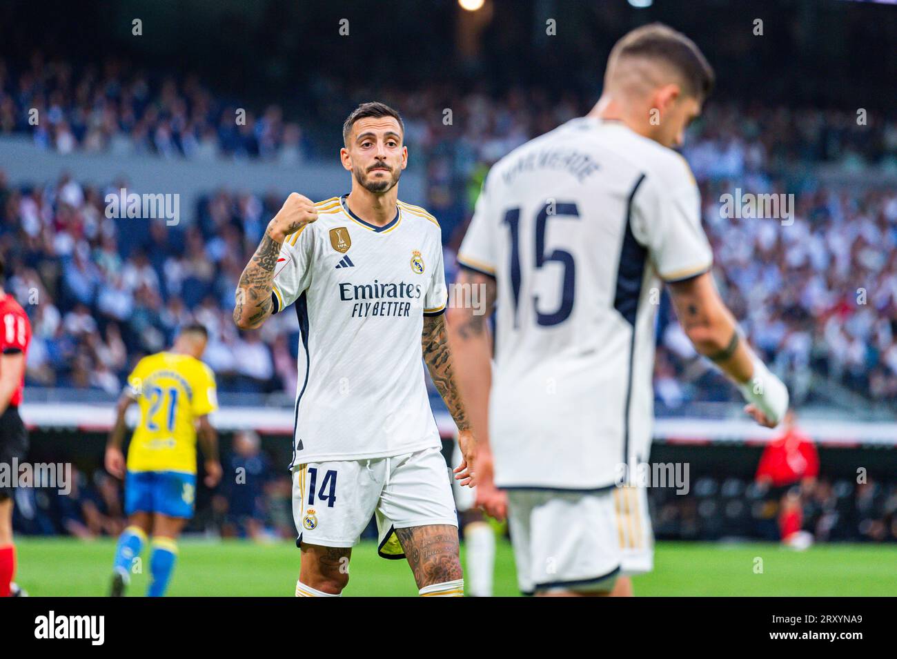 September 27, 2023, Madrid, Madrid, Spain: Jose Luis Sanmartin Mato (Joselu) (Real Madrid) and Federico Valverde (Real Madrid) during the football match of Spanish championship La Liga EA Sports between Real Madrid vs Las Palmas played at Bernabeu stadium on September 27, 2023 in Madrid, Spain (Credit Image: © Alberto Gardin/ZUMA Press Wire) EDITORIAL USAGE ONLY! Not for Commercial USAGE! Stock Photo