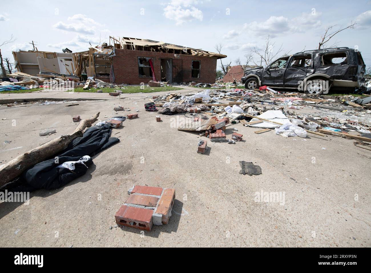Rolling Fork, United States of America. 12 April, 2023. The aftermath of homes destroyed by debris weeks after an EF4 tornado that swept across the deep south, April 12, 2023 in Rolling Fork, Mississippi. The massive tornado destroyed most of Rolling Fork, killing 17 people and injuring at least 165 others on March 24th.  Credit: Lance Cheung/USDA Media/Alamy Live News Stock Photo