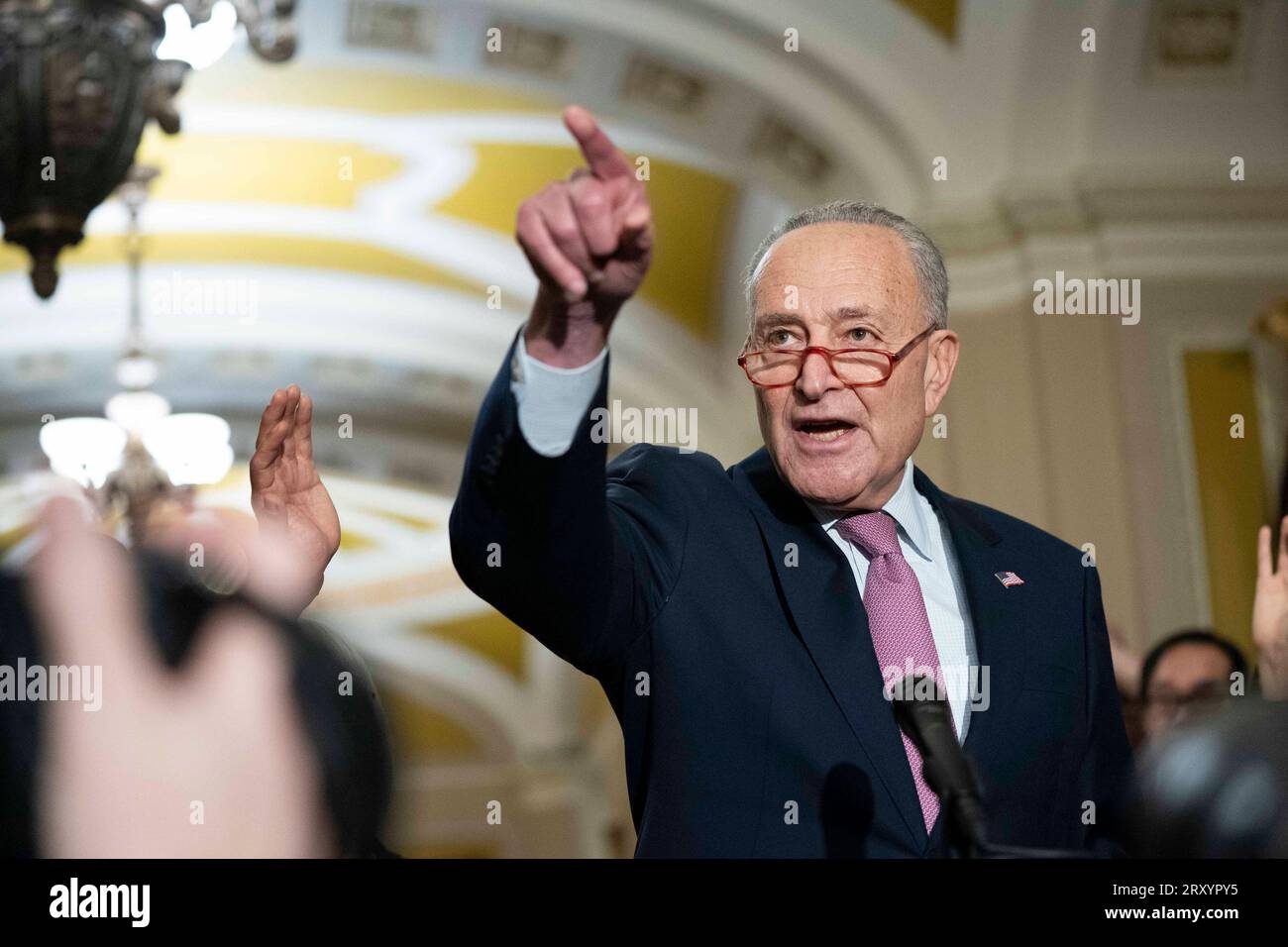 Senate Majority Leader Chuck Schumer, D-NY, takes questions during a press conference after weekly caucus luncheons at the U.S. Capitol in Washington, DC on Wednesday, September 27, 2023. Photo by Bonnie Cash/UPI Stock Photo