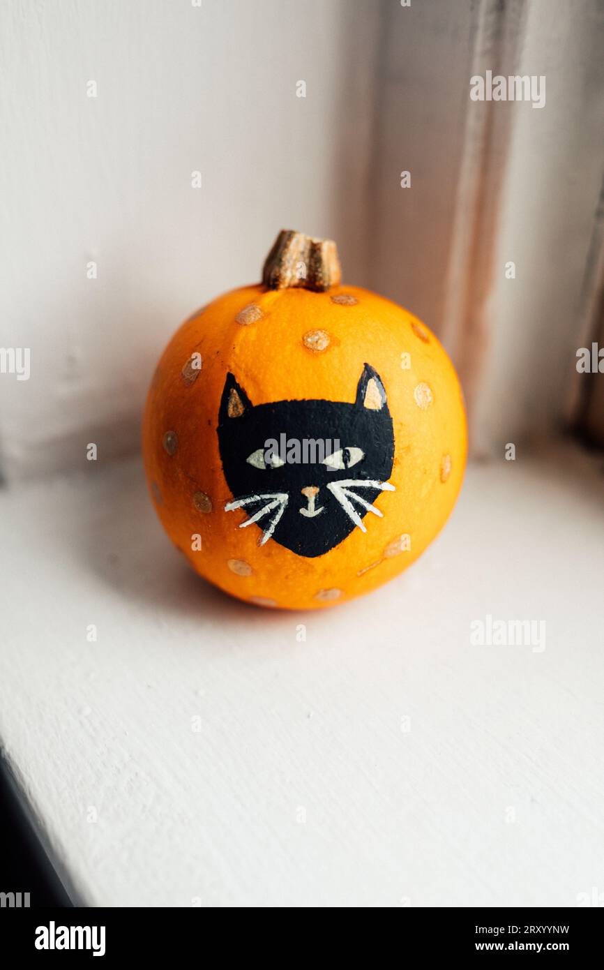 cute little orange pumpkin with painted black cat face, gold polka dots Stock Photo