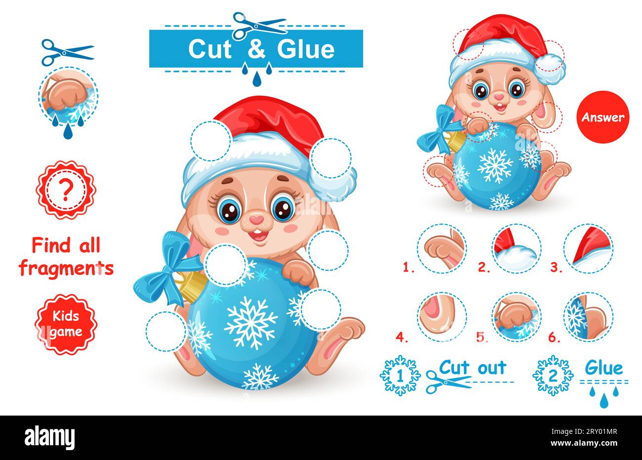 Cut and glue Christmas bunny animal character, find missing puzzle