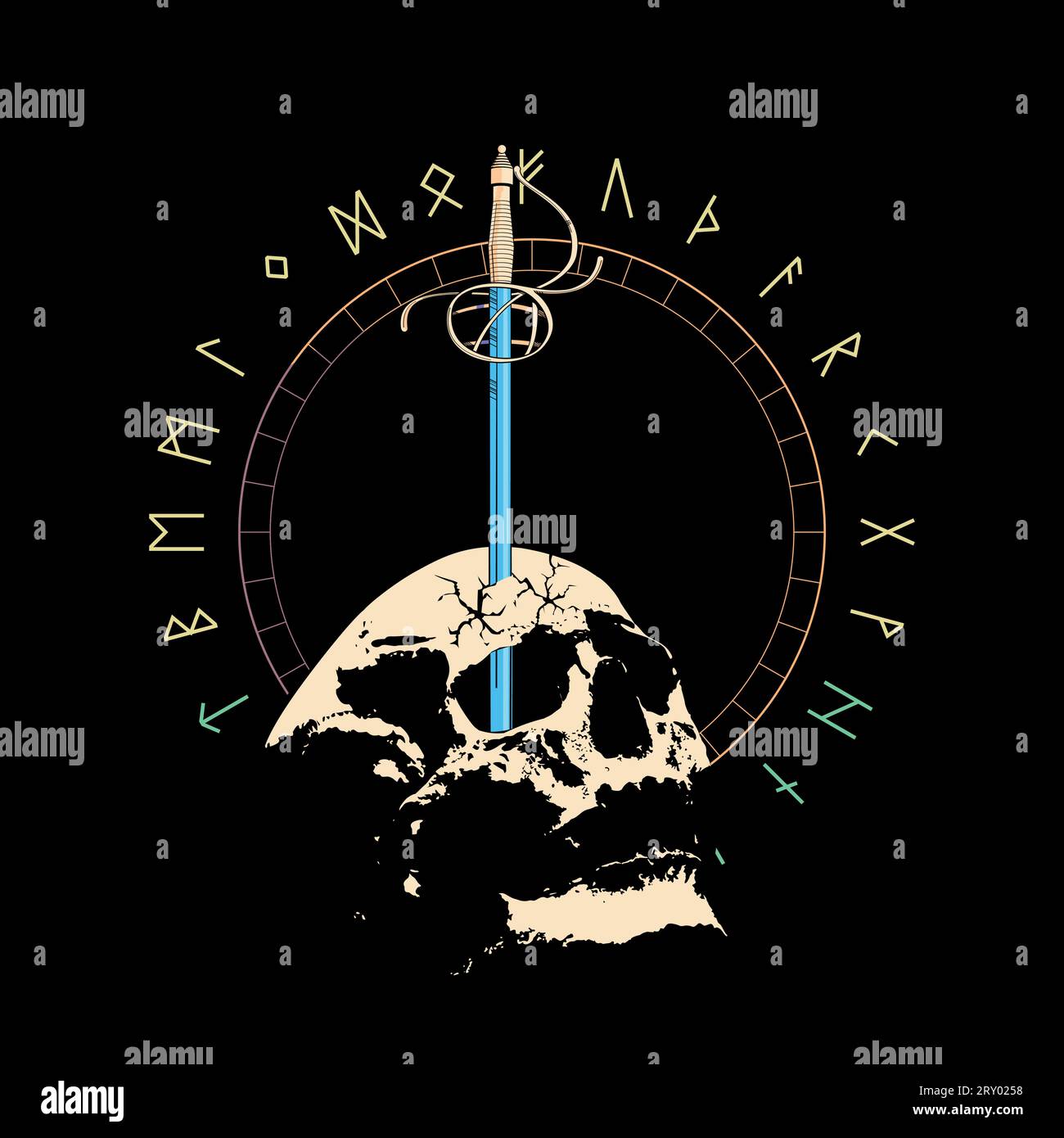 Skull t-shirt design with sword in circular design. Runic alphabet ...
