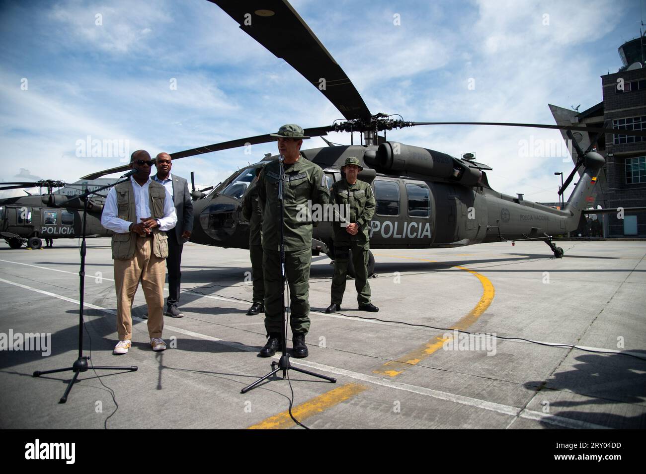 he United States Deputy Assistant Secretary in the Bureau of International Narcotics and Law Enforcement Affairs Todd Robinson and Colombia's police director General WIlliam Rene Salamanca (R) give a press conference during an event at the CATAM - Airbase in Bogota, where the United States of America embassy in Colombia gave 3 Lockheed Martin UH60 Black Hawks to improve the antinarcotics operations, on September 27, 2023. Photo by: Chepa Beltran/Long Visual Press Stock Photo