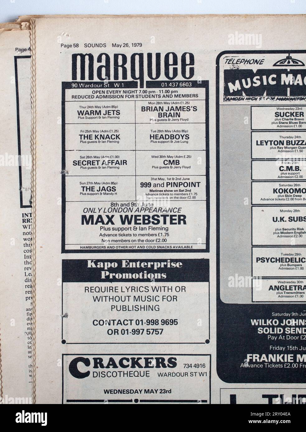 Concert Advertising in 1970s copy of SOUNDS Music Paper Stock Photo