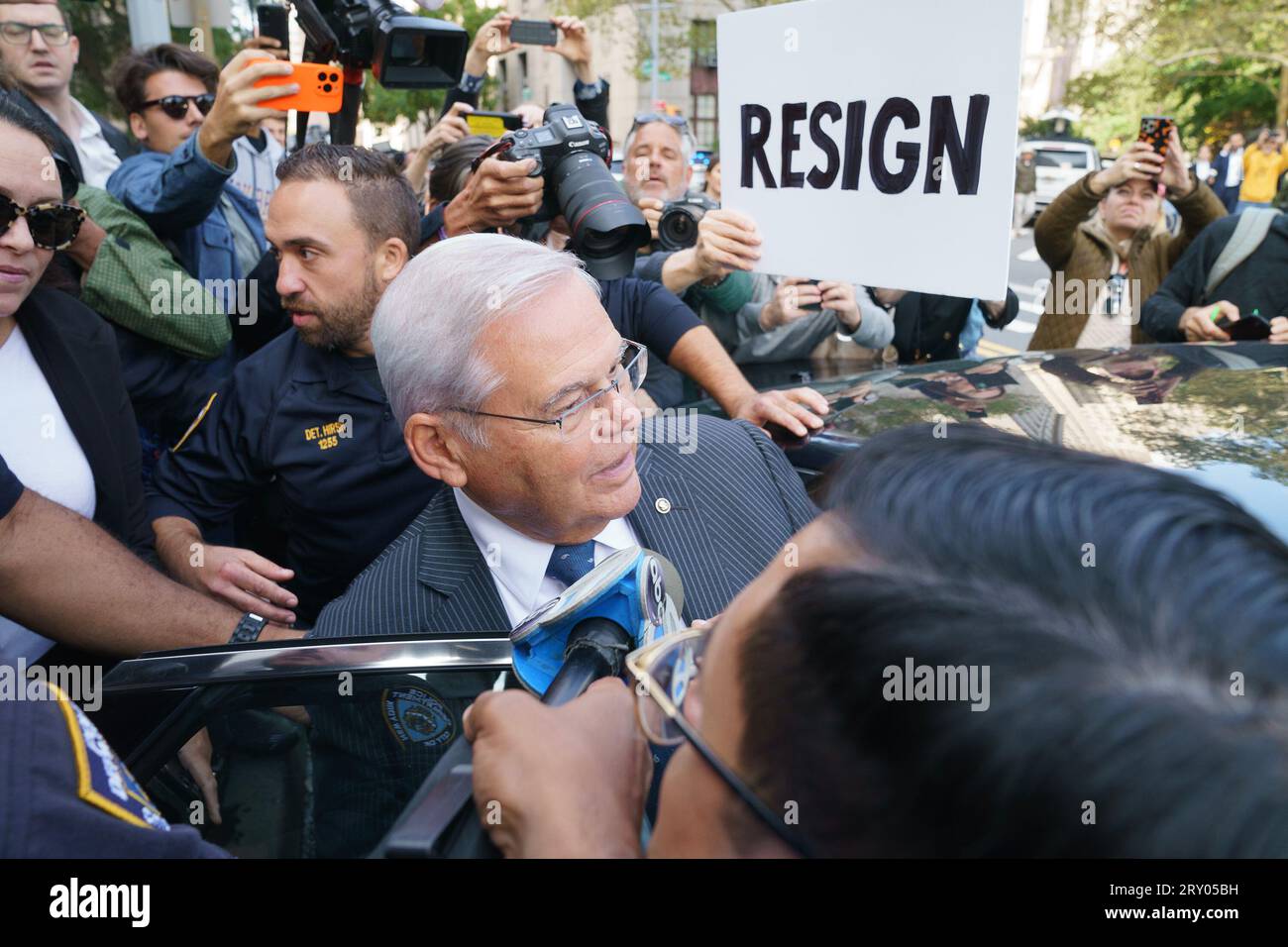 US Senator representing New Jersey Bob Menendez leaves the Federal court after pleading not guilty on bribery charges. Senator and his wife along with three more defendants were arranged by prosecutors of Southern District of New York. (Photo by Lev Radin/Pacific Press) Stock Photo