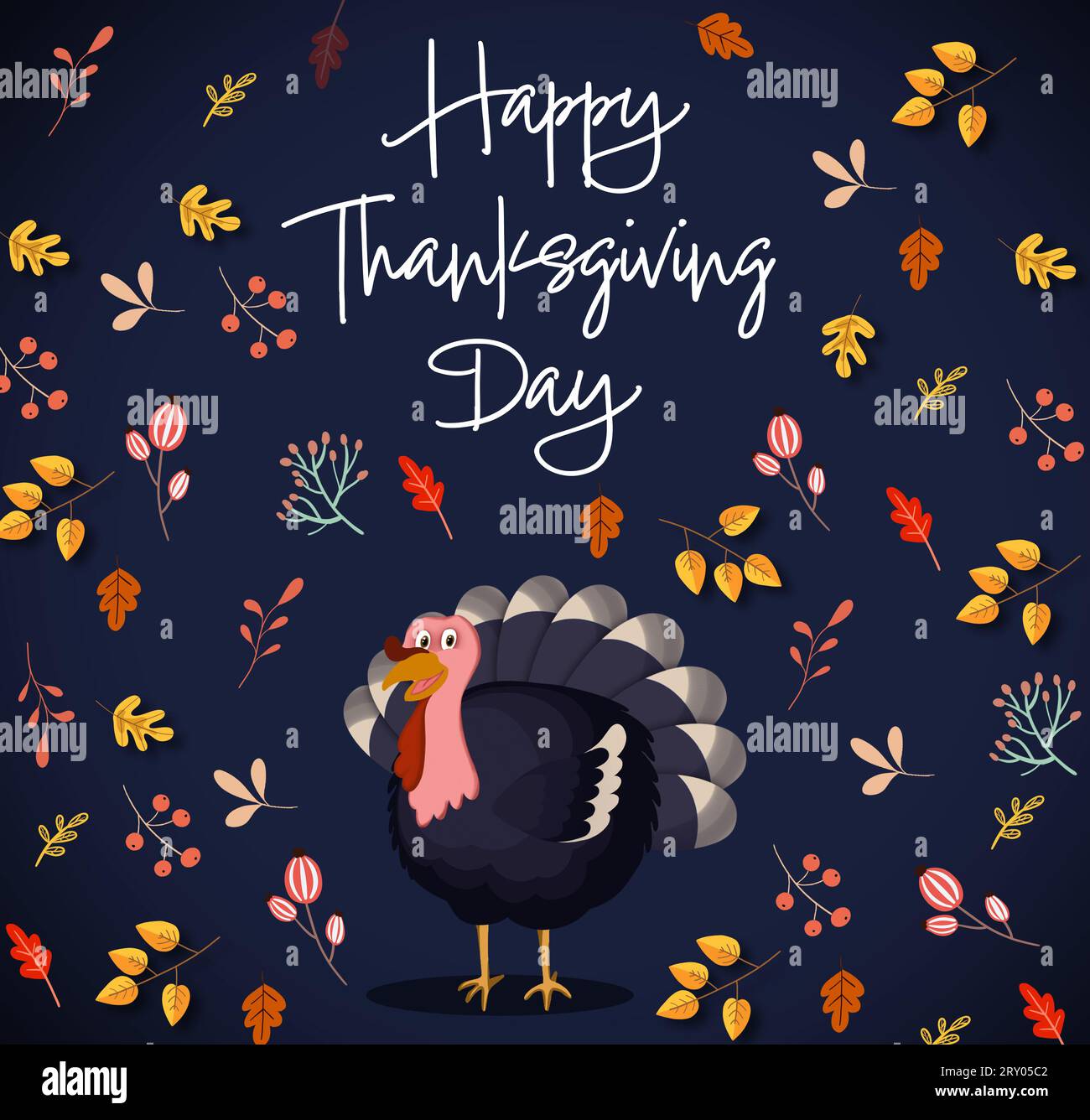 Thanksgiving day card design. Text, autumn leaves and turkey on dark ...