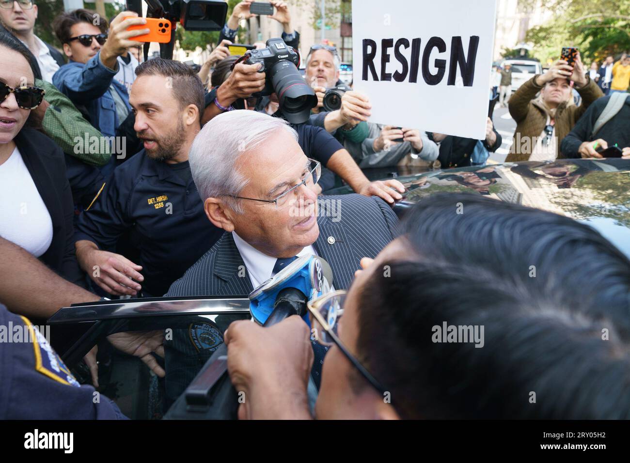 US Senator representing New Jersey Bob Menendez leaves the Federal court after pleading not guilty on bribery charges. Senator and his wife along with three more defendants were arranged by prosecutors of Southern District of New York. (Photo by Lev Radin/Pacific Press) Stock Photo