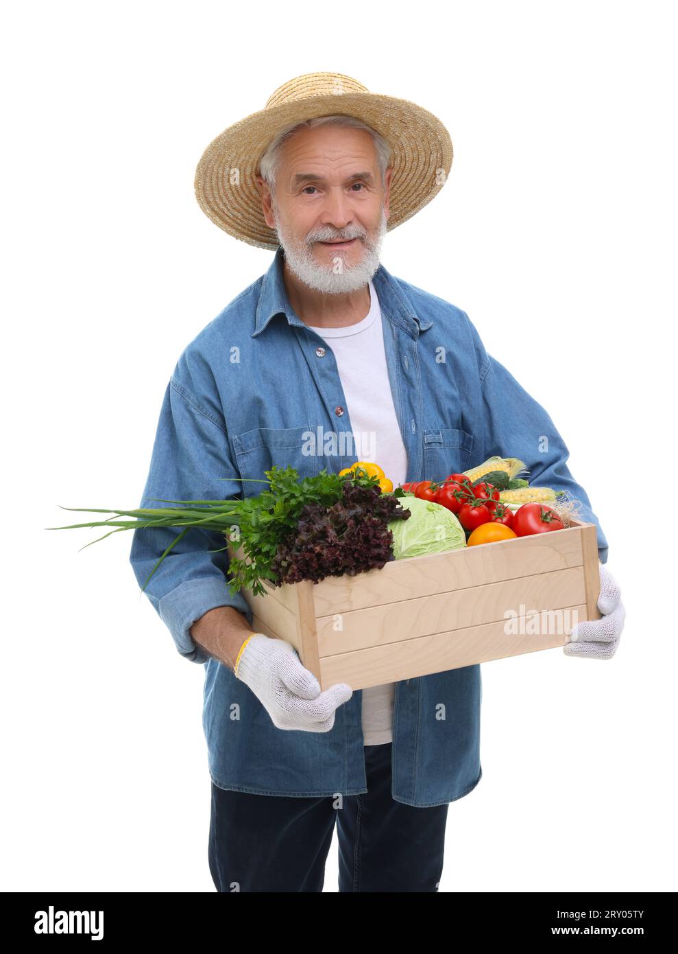Harvesting season. Farmer holding wooden crate with vegetables on white ...