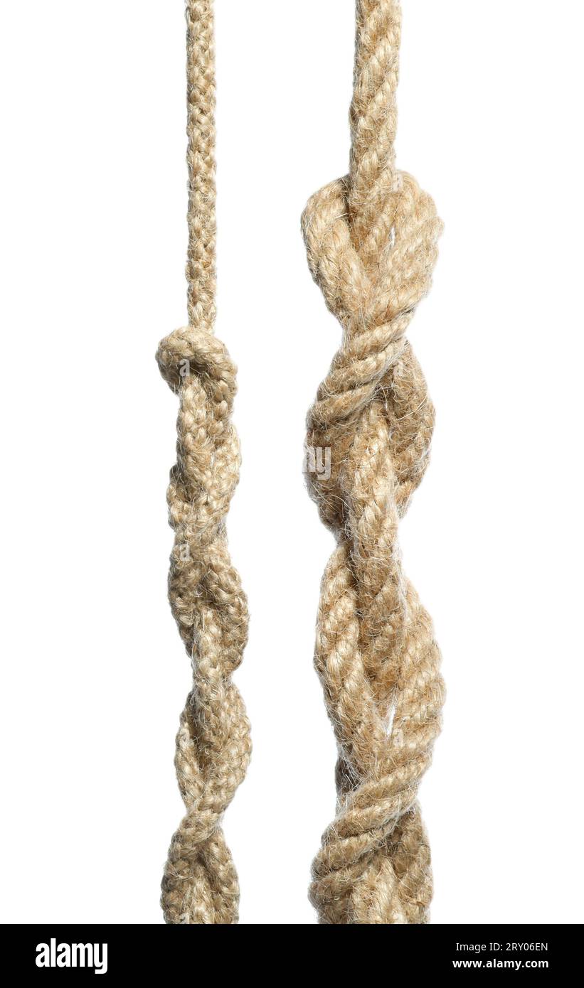 Two hemp ropes with knots isolated on white Stock Photo Alamy