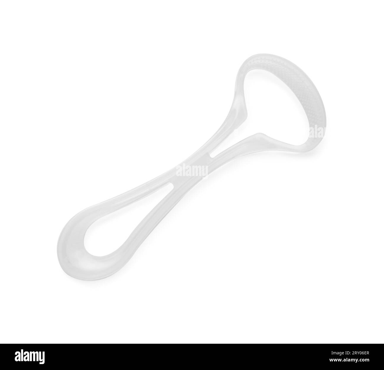 One plastic tongue cleaner isolated on white, top view. Dental care