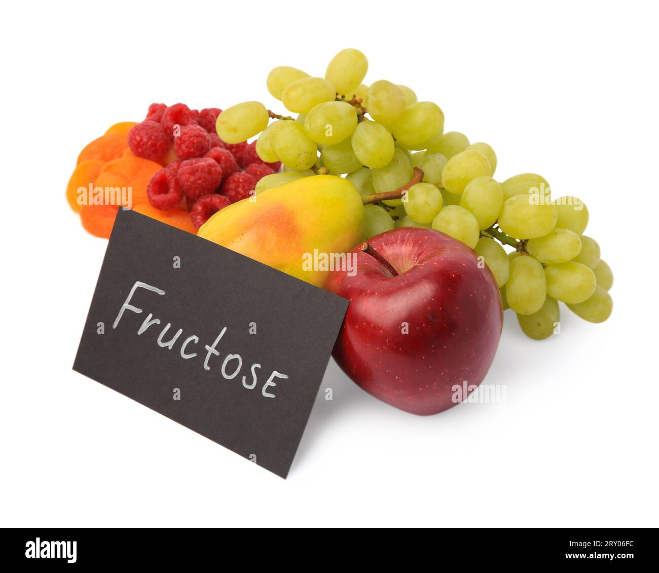 Card with word Fructose, delicious ripe fruits, raspberries and dried apricots isolated on white Stock Photo