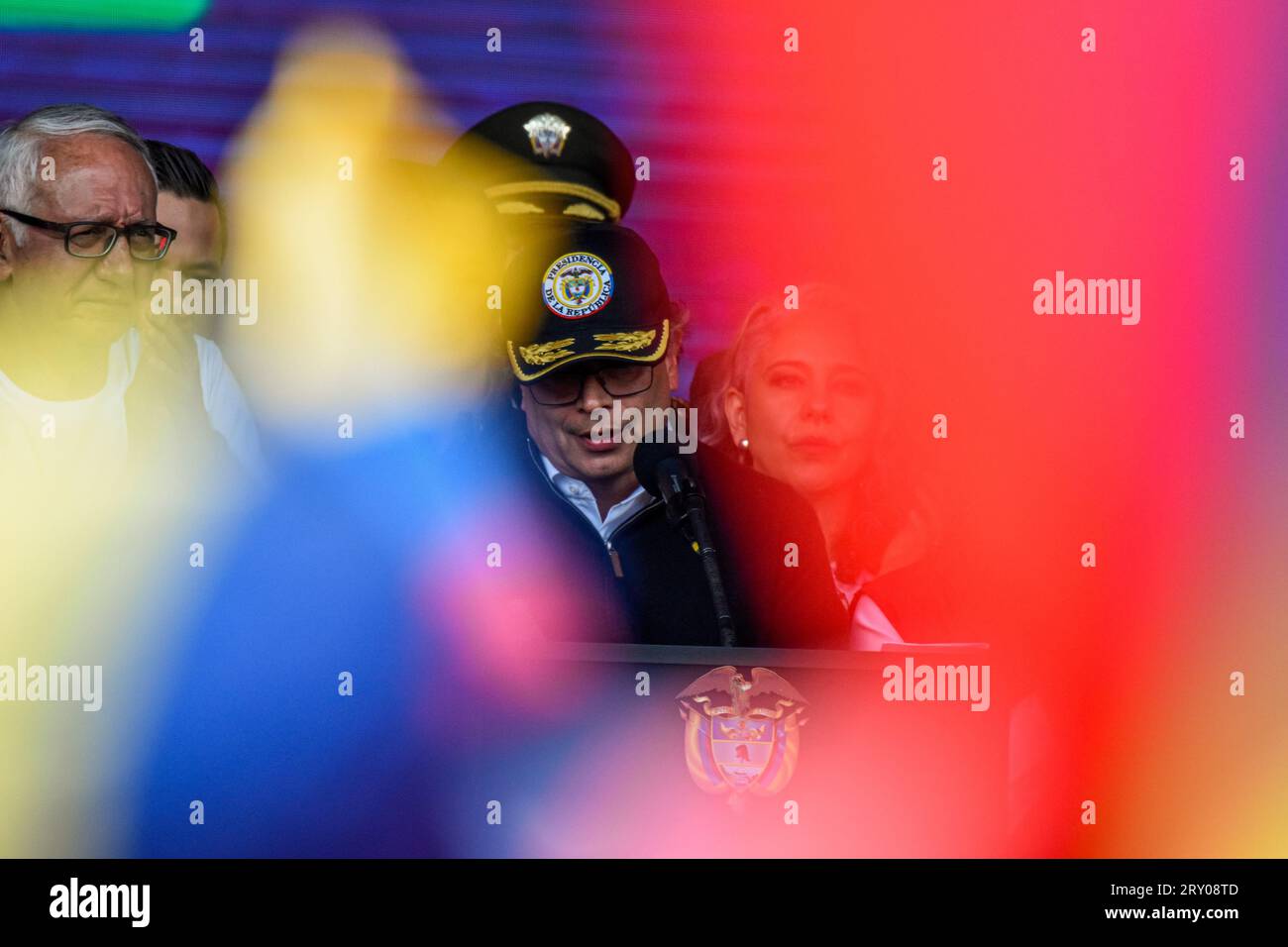 Colombian president Gustavo Petro gives a speech as Colombians march in support for the government purposed social reforms in Bogota, Colombia, September 27, 2023. Photo by: Cristian Bayona/Long Visual Press Stock Photo