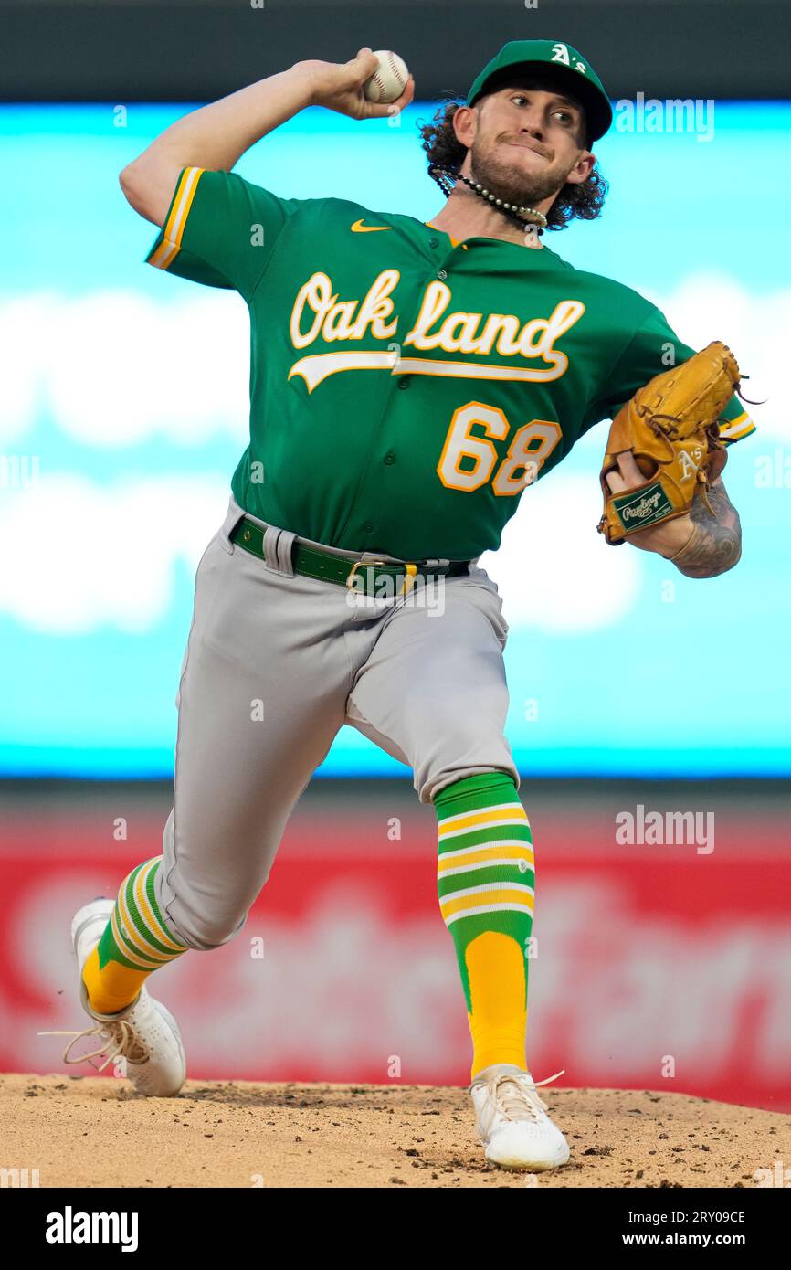 Oakland Athletics starting pitcher Joey Estes delivers during the first