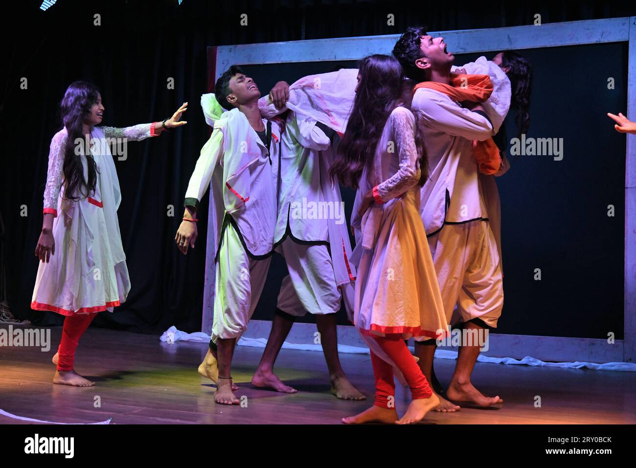 School students of the '+2 High School', Barhiya, Lakhisarai, Bihar, performing the 'Akhir Kyun', a science drama with the broad theme of ‘Science and Technology for the Benefit of Mankind’, during the Eastern India Science Drama Competition that organized by Birla Industrial & Technological Museum. They won the second position among five other team. (Photo by Biswarup Ganguly/Pacific Press) Stock Photo