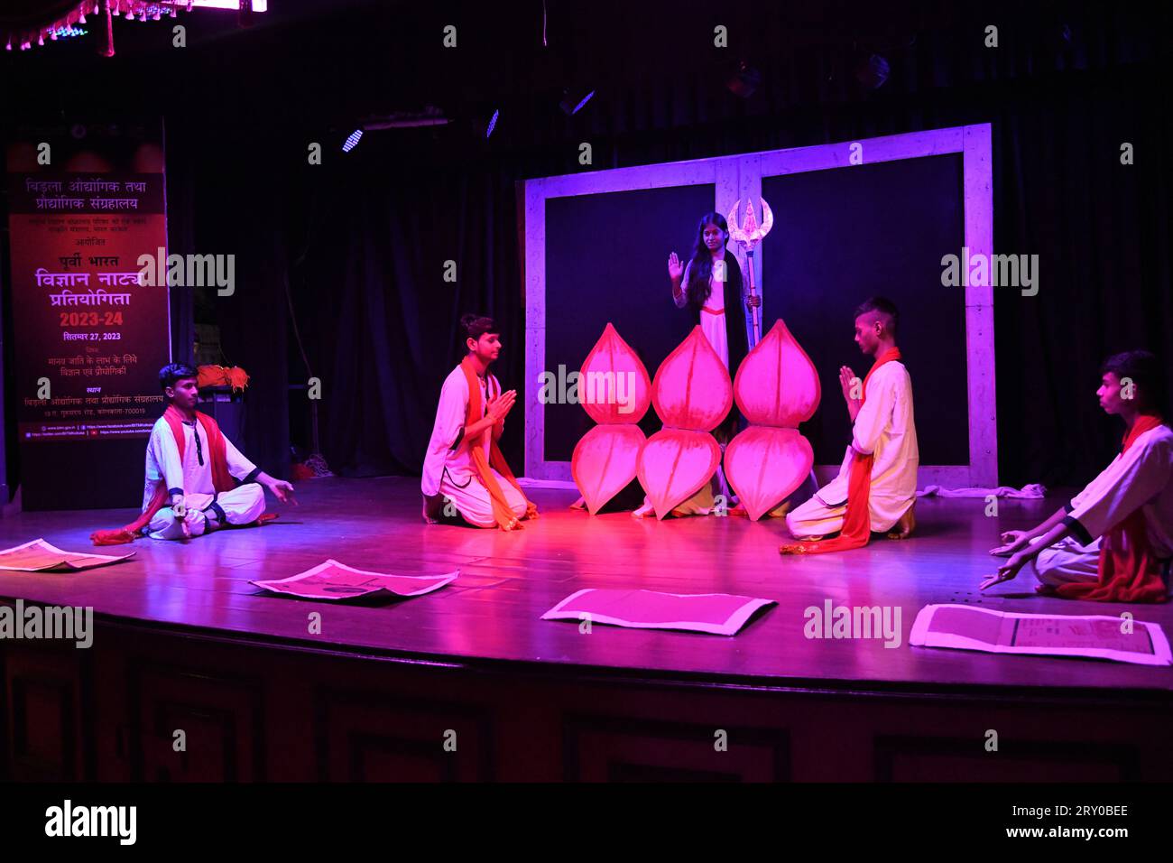 School students of the '+2 High School', Barhiya, Lakhisarai, Bihar, performing the 'Akhir Kyun', a science drama with the broad theme of ‘Science and Technology for the Benefit of Mankind’, during the Eastern India Science Drama Competition that organized by Birla Industrial & Technological Museum. They won the second position among five other team. (Photo by Biswarup Ganguly/Pacific Press) Stock Photo