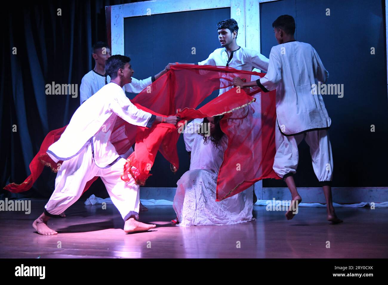 September 27, 2023, Kolkata, West Bengal, India: School students of the '+2 High School', Barhiya, Lakhisarai, Bihar, performing the 'Akhir Kyun', a science drama with the broad theme of â€˜Science and Technology for the Benefit of Mankindâ€™, during the Eastern India Science Drama Competition that organized by Birla Industrial & Technological Museum. They won the second position among five other team. (Credit Image: © Biswarup Ganguly/Pacific Press via ZUMA Press Wire) EDITORIAL USAGE ONLY! Not for Commercial USAGE! Stock Photo