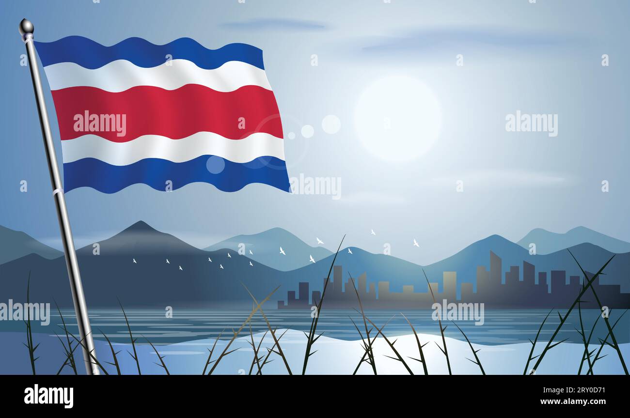 Costa Rica flag with sun background of mountains and lakes Stock Vector