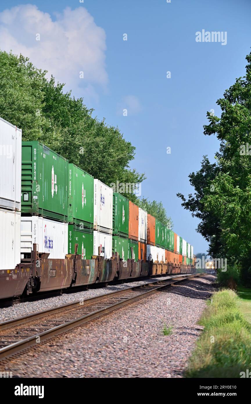 Maple Park, Illinois, USA. A Union Pacific intermodal freight train traveling through northeastern Illinois. Stock Photo