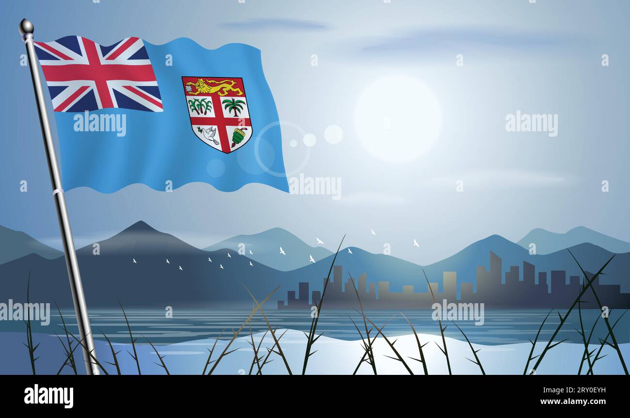 Fiji flag with sun background of mountains and lakes Stock Vector