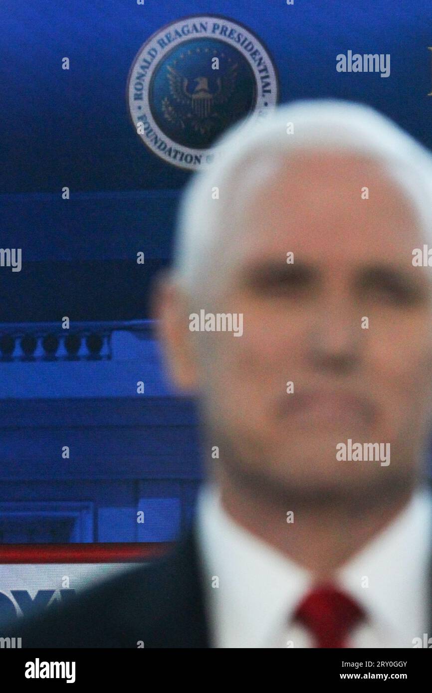 Former Vice President Mike Pence stands in front of the Ronald Reagan Presidential Foundation seal ahead of the second Republican Presidential primary debate in Simi Valley, California, on September 27, 2023. (Photo by Conor Duffy/Sipa USA) Stock Photo