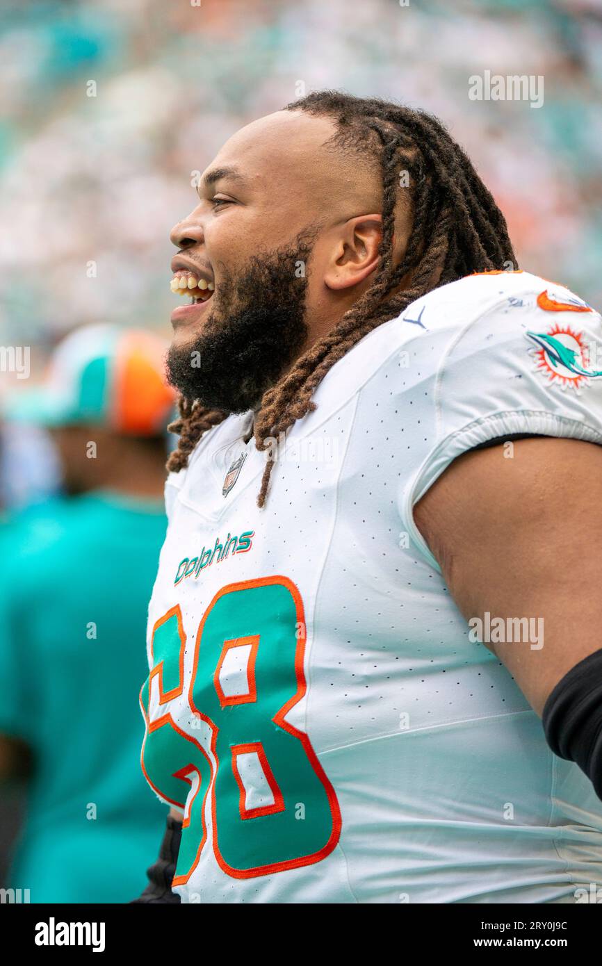 Miami Dolphins offensive tackle Robert Hunt (68) lines up for the play  during an NFL football game against the Cincinnati Bengals, Thursday, Sept.  29, 2022, in Cincinnati. (AP Photo/Emilee Chinn Stock Photo - Alamy