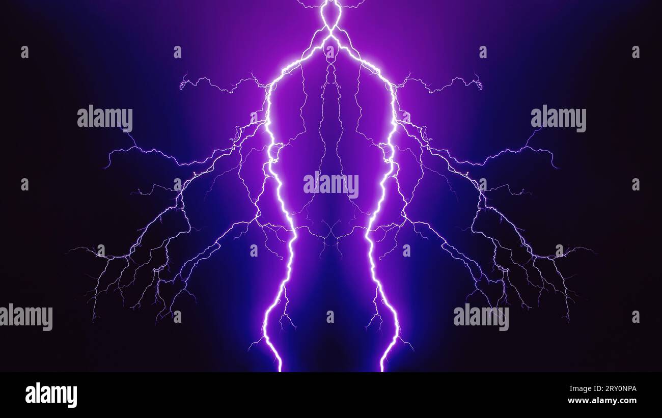 Electric discharge purple lightning on a black background. Stock Photo