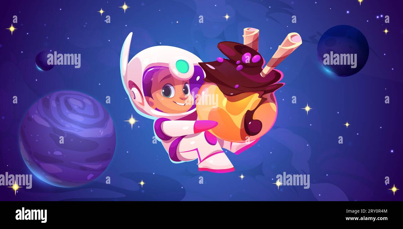 Astronaut kid floating in space with sweet planet in hands. Vector ...