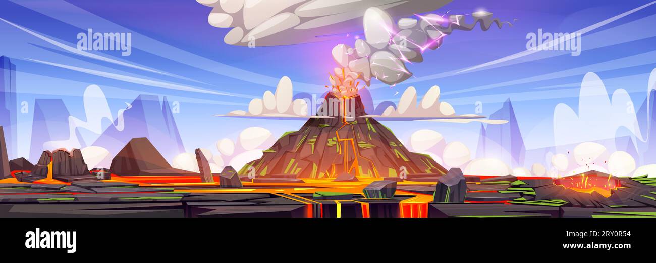 Volcano eruption landscape with active volcanic mountain with smoke and lightning from crater. Cartoon vector illustration of prehistoric landscape with rocky hill, flowing magma, steam and lava. Stock Vector