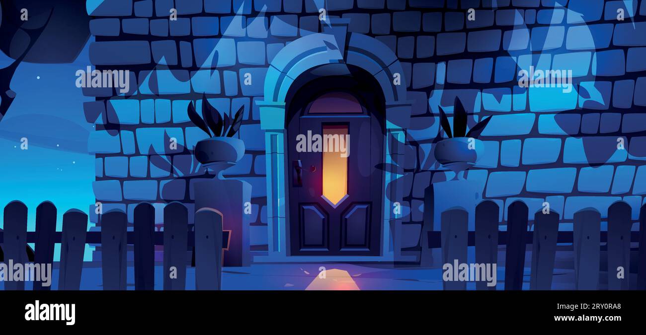 Brick wall of house with door at night. Cartoon vector illustration home facade under moonlight at twilight. Evening scene of building front with light through glass in entrance way and fence in yard. Stock Vector
