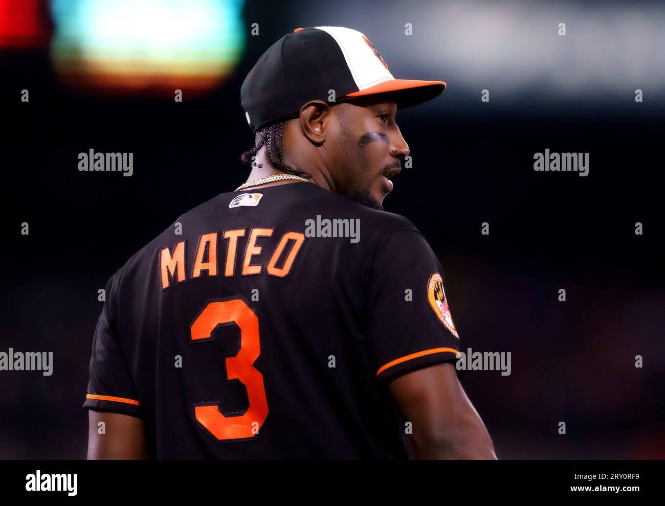 BALTIMORE, MD - SEPTEMBER 27: Baltimore Orioles shortstop Jorge Mateo (3)  returns to the field for a new inning during a MLB game between the  Baltimore Orioles and the Washington Nationals, on