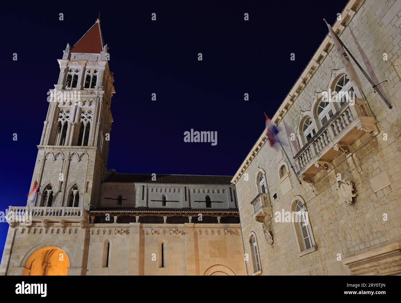Cathedral of St Lawrence at dusk in Trogir, Croatia Stock Photo