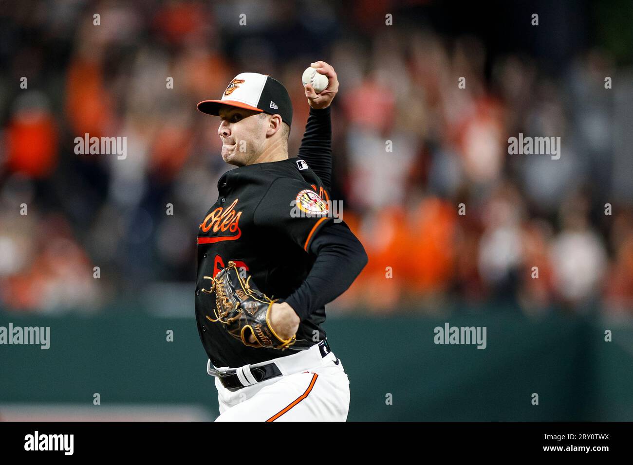 Baltimore Orioles relief pitcher Jacob Webb (66) throws to the plate during a regular season game between the Washington Nationals and Baltimore Oriol Stock Photo