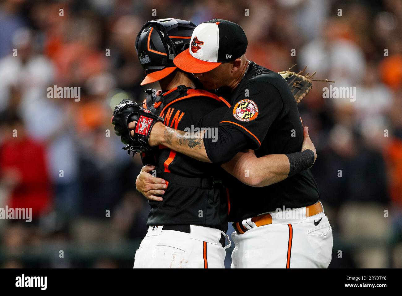 Baltimore Orioles catcher James McCann (27) congratulates Tyler Wells