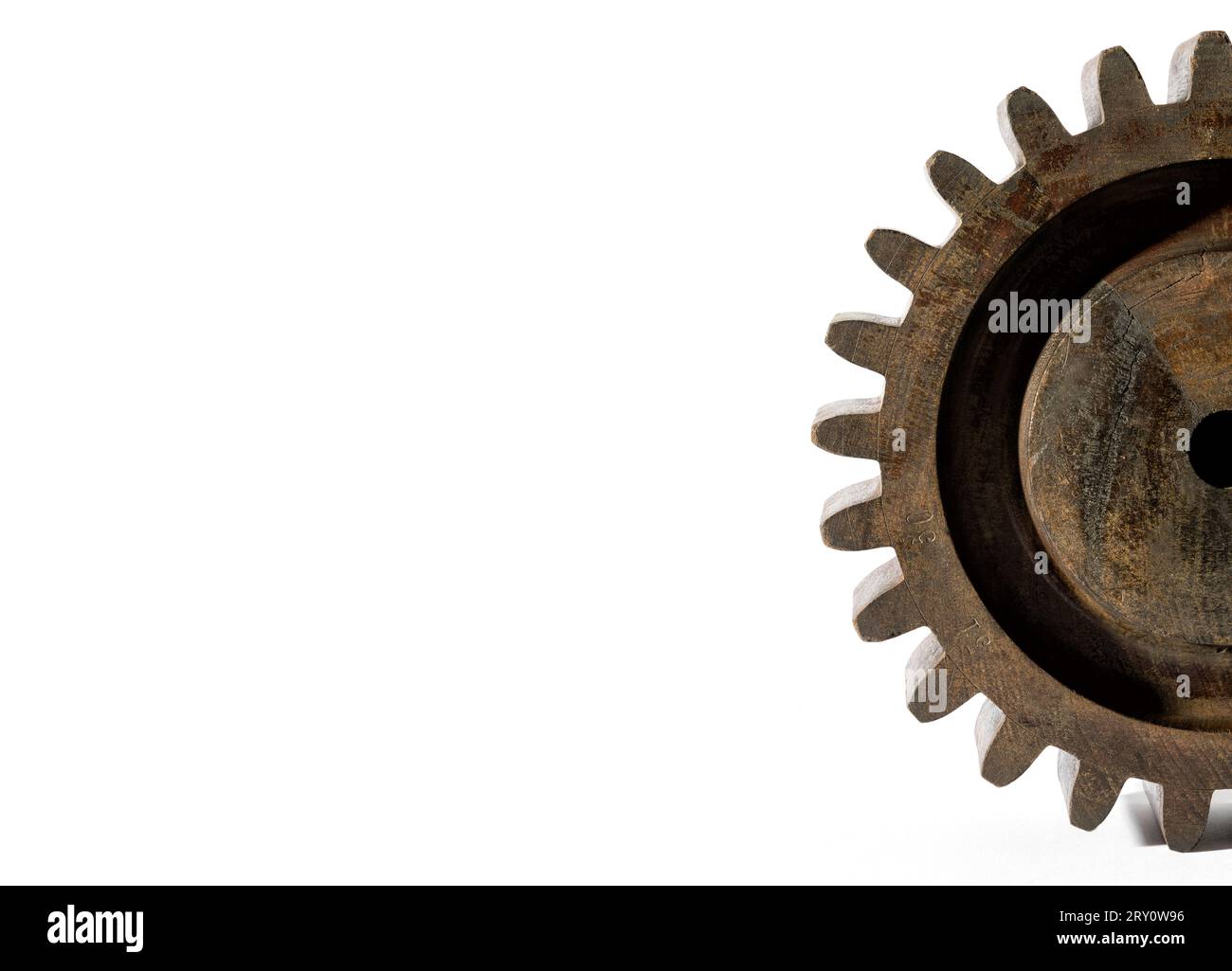 Half of round shaped wooden shabby weathered gear wheel old mechanism isolated on white background Stock Photo