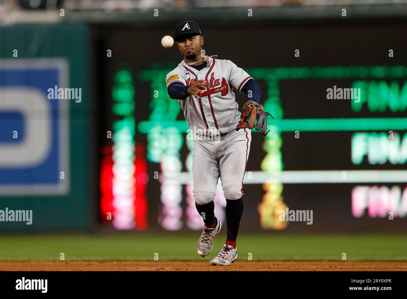 Atlanta Braves second basemen Ozzie Albies (1) throws to first for an out during game 2 of a double header between the Atlanta Braves and Washington N Stock Photo