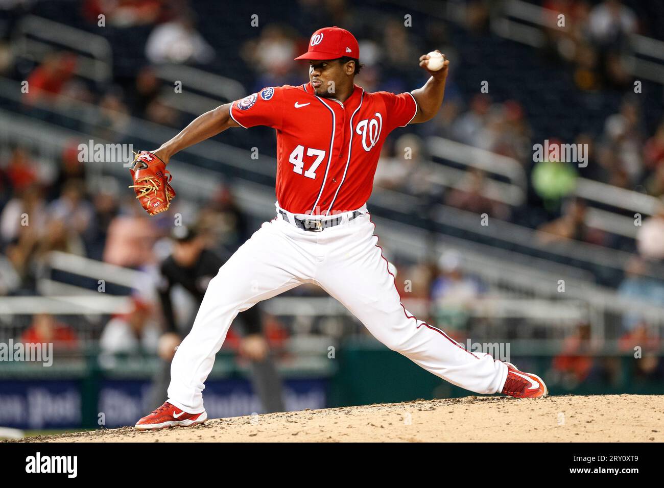 Washington Nationals relief pitcher Jose Ferrer (47) throws to the plate during game 2 of a double header between the Atlanta Braves and Washington Na Stock Photo