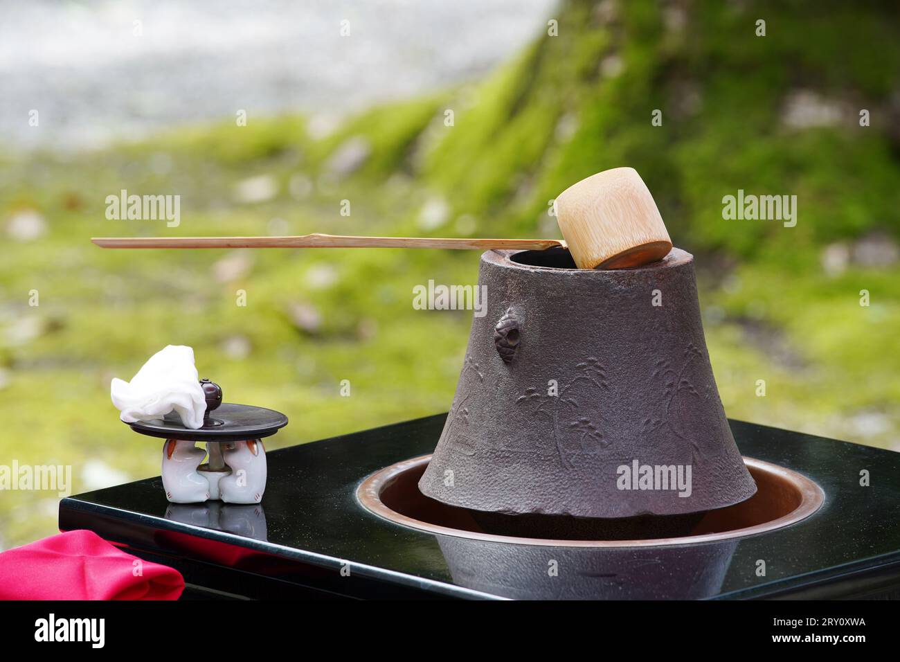 Tea set for traditional japanese green tea ceremony, iron pot, ladle